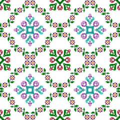Fototapeta na wymiar Pixel Ethnic seamless pattern decoration design. Ikat Aztec fabric carpet boho mandalas textile decor wallpaper. Tribal native motif ornaments traditional embroidery vector background 