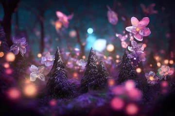 Papier Peint photo Forêt des fées A beautiful fairytale enchanted forest at night made of glittering crystals with trees and colorful vegetation