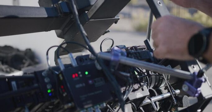 Venice cinema camera being balanced on a large gimbal.