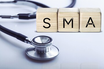 Wooden cubes blocks and medical stethoscope