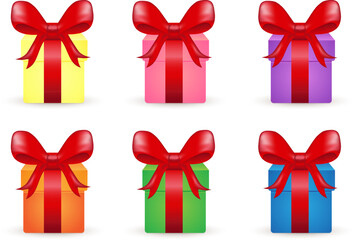 set of colorful presents with red bows