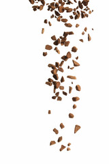 Pouring aromatic instant coffee on white background