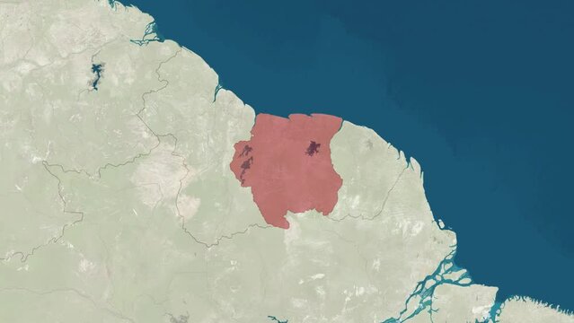 Zoom in to the map of Suriname with text, textless, and with flag