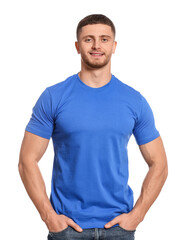Obraz premium Man wearing blue t-shirt on white background. Mockup for design