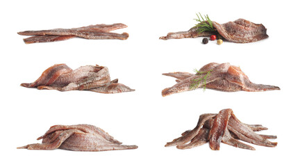 Set with delicious anchovy fillets on white background