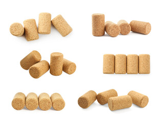 Set with wine corks on white background