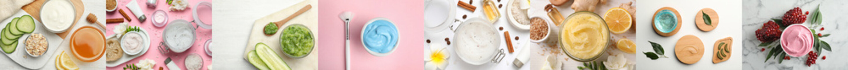 Collage with photos of different face masks and natural ingredients. Banner design
