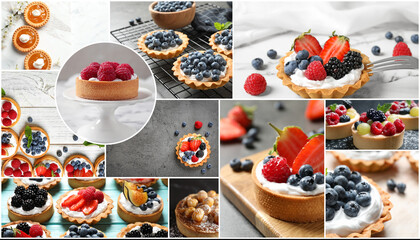 Collage with photos of different tasty tartlets