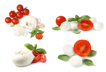 Set with delicious mozzarella, fresh tomatoes and basil on white background