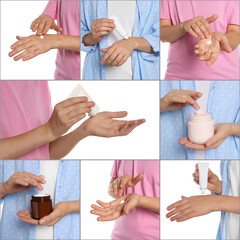 Collage with photos of women applying cream on hands against white background, closeup