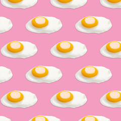 Many tasty fried chicken eggs on pink background
