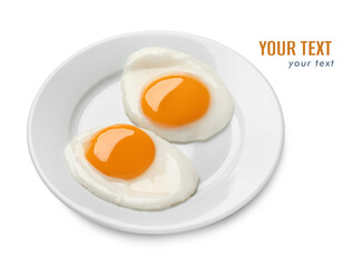 Plate with tasty fried eggs on white background. Space for design - obrazy, fototapety, plakaty