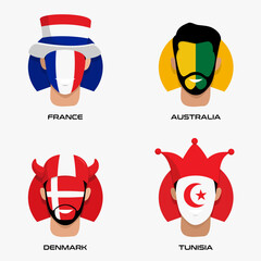 Fototapeta na wymiar Soccer balls with the colors of national flags :France, Australia, Denmark, Tunisia