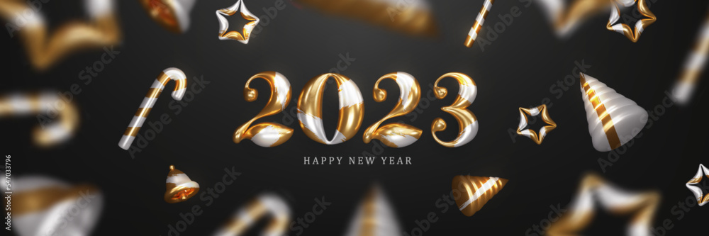 Wall mural 2023 gold and silver 3d brush design greeting concept with christmas tree decoration objects vector 