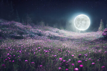 A beautiful fairytale enchanted forest at night with a big moon in the sky illuminating trees and...