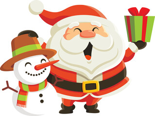 Merry Christmas and Happy New Year. Cute cartoon Santa Claus holding Christmas present and hand touch on snowman head. Holiday greeting card Santa Claus and snowman illustration