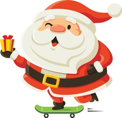 Merry Christmas. Cute and chubby Santa Claus deliver Christmas gift by ride a skateboard. Santa Claus character