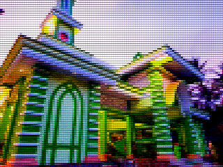 Abstract patchwork background, inside there is a pattern that resembles a large mosque with the dominant green color.