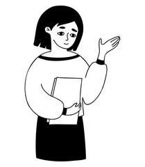 Portrait of cute girl with pointing hand gesture and papers. Vector illustration. Linear hand drawn doodle. Modern business woman character