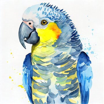 wavy parrot blue with a yellow head watercolor illustration