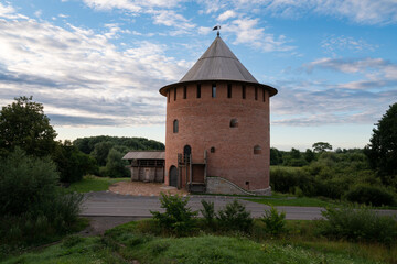 Fototapeta na wymiar Alekseevskaya (White) tower on a summer morning, Veliky Novgorod, Russia