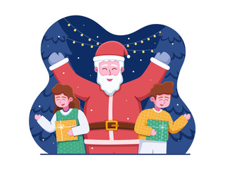 Cartoon illustration Happy children receiving Christmas gifts from Santa.
Merry Christmas illustration with joyful Santa Claus and kids.
Can be used for greeting card, postcard, banner, web, etc