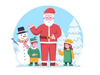 Christmas illustration with Santa Claus and cute dwarf or elf helper.
Merry Christmas Cartoon Characters.
Happy Christmas day.
Can be used for greeting card, postcard, web, landing page, etc
