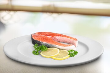 Tasty fresh salmon fish on the desk