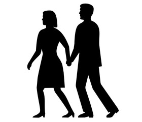 Retro style illustration of a silhouette of a couple male and female walking away holding hands viewed from side on isolated background done in black and white.
