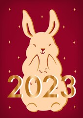 Greeting banner or postcard. 2023 is the year of the rabbit according to the Chinese zodiac. Stylized illustration of a Hare.