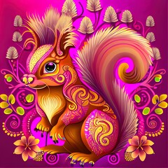 Fototapeta na wymiar squirrel forest animals with floral ornament illustration