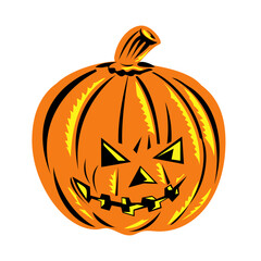 Retro woodcut style illustration of a Halloween jack-o-lantern or carved lantern made from pumpkin on isolated background done in full color.