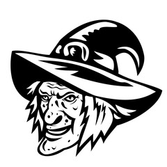 Mascot illustration of head of a witch, sorceress, sorcerer, warlock, black magic practitioner wearing pointed hat viewed from side on isolated background in retro style.