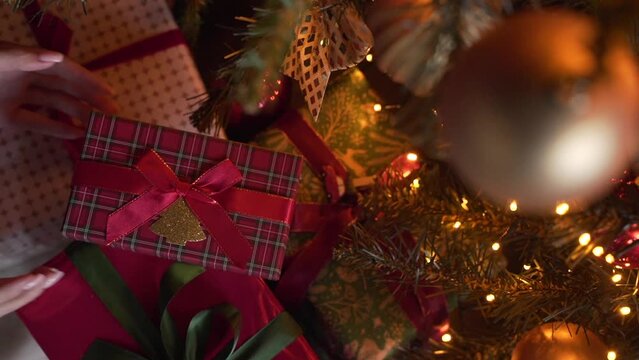 Close-up view of hands putting Christmas gift under the xmas tree