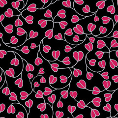 seamless repeat pattern with cute heart shape heart petals running overall pattern in a black background perfect for fabric, scrap booking, wallpaper, gift wrap projects

