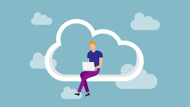Young man animation using a laptop on the cloud