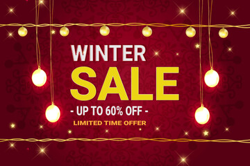  Winter sale vector banner template with light and snowflakes background. Vector illustration.