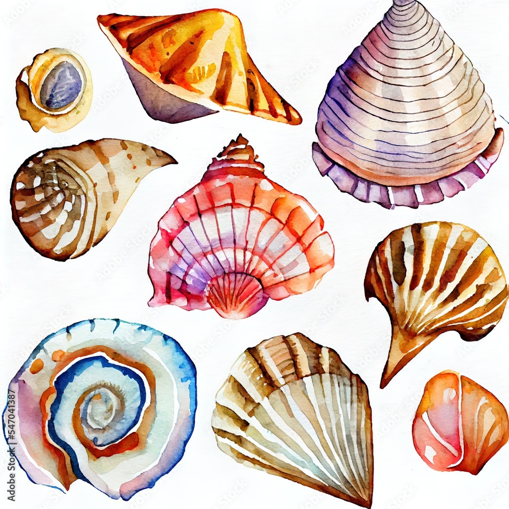 Canvas Prints of isolated hand drawn seashells. Watercolor illustration.