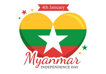 Celebrating Myanmar Independence Day on January 4th with Flags in Flat Cartoon Background Hand Drawn Templates Illustration