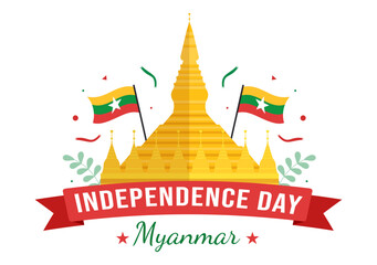 Celebrating Myanmar Independence Day on January 4th with Flags in Flat Cartoon Background Hand Drawn Templates Illustration