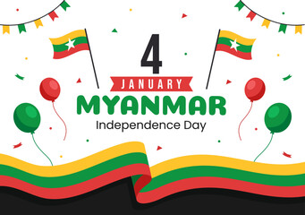 Celebrating Myanmar Independence Day on January 4th with Flags in Flat Cartoon Background Hand Drawn Templates Illustration