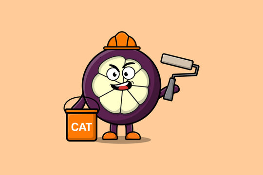 Cute cartoon Mangosteen as a builder character painting in flat modern style design illustration
