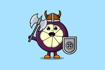 Cute cartoon character Mangosteen viking pirate with hat and holding ax and shield 