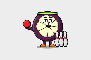 Cute cartoon Mangosteen character playing bowling in flat modern style design illustration