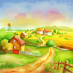 Watercolor illustration of rural landscape
