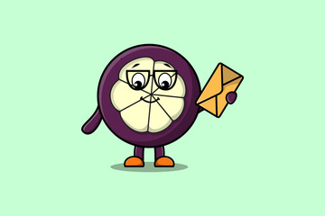 Cute cartoon Mangosteen holding envelope with cartoon vector illustration style