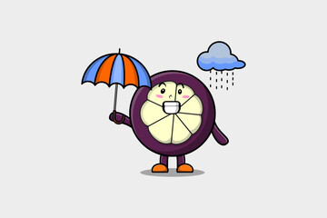 Cute cartoon Mangosteen character in the rain and using an umbrella in flat modern style design