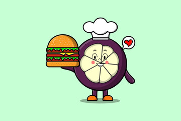 Cute cartoon Mangosteen chef character holding burger in flat cartoon style illustration