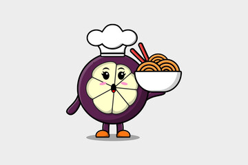 Cute cartoon Mangosteen chef character holding noodles in bowl flat cartoon style illustration