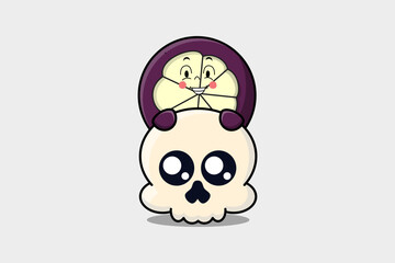 Cute Mangosteen cartoon character hiding in skull illustration in flat modern design